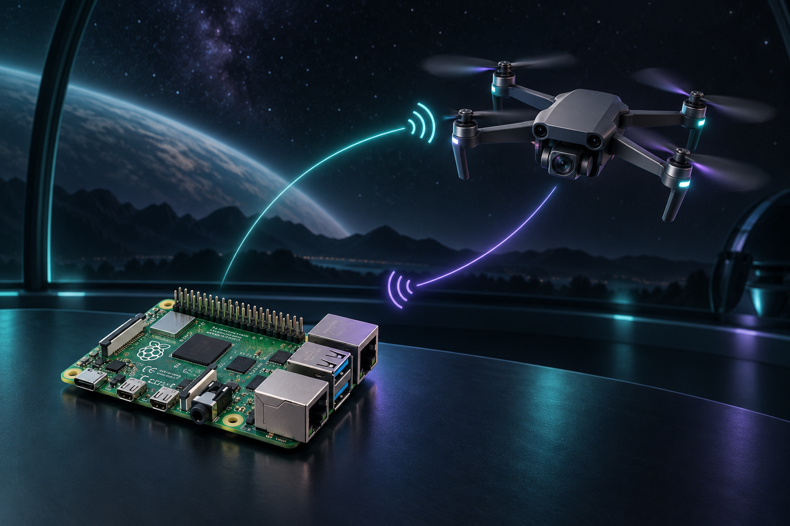 Concept rendering of a Raspberry Pi sending wireless control signals to a camera-equipped quadcopter drone, with a video signal returning.