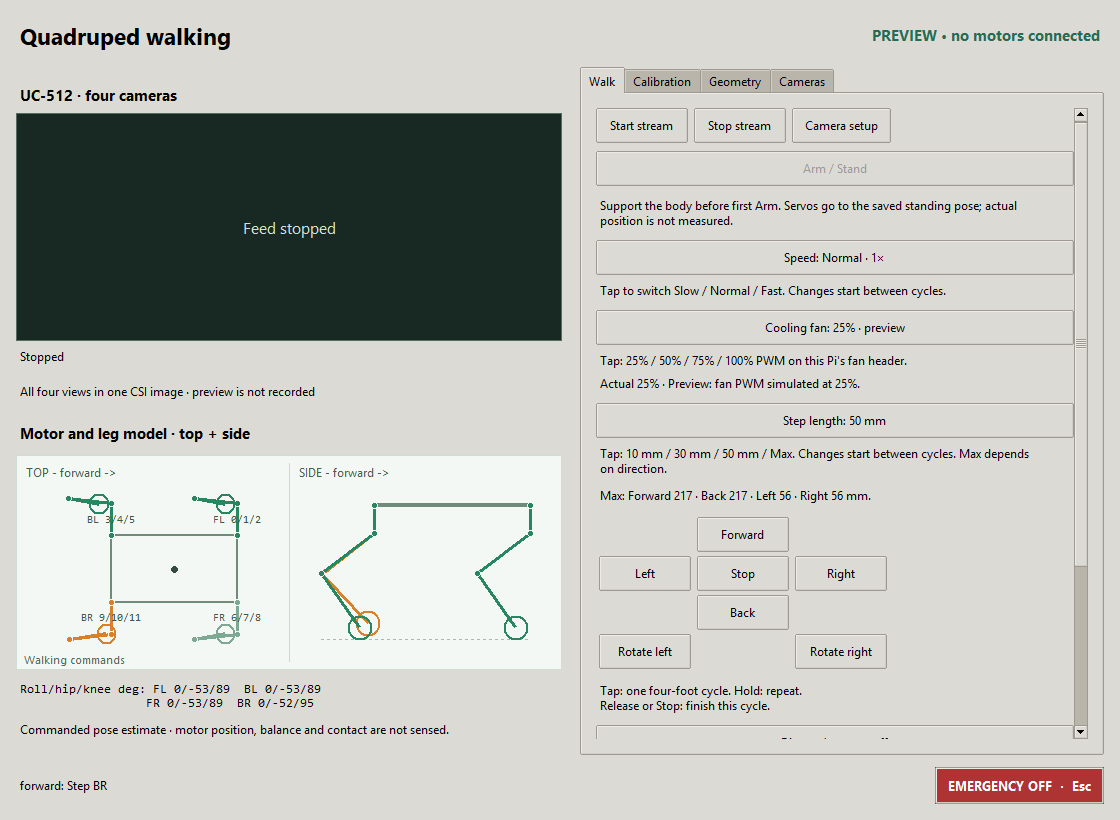 Actual Walking application preview with combined camera area, top and side leg models, and movement controls.